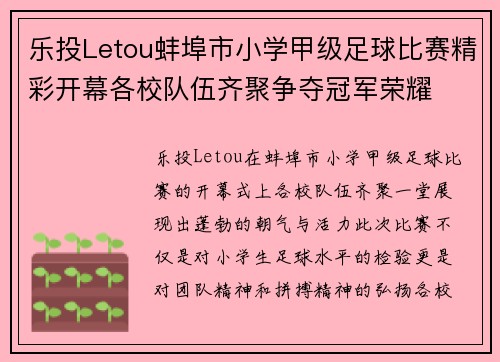 乐投Letou蚌埠市小学甲级足球比赛精彩开幕各校队伍齐聚争夺冠军荣耀