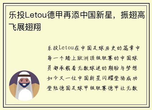 乐投Letou德甲再添中国新星，振翅高飞展翅翔